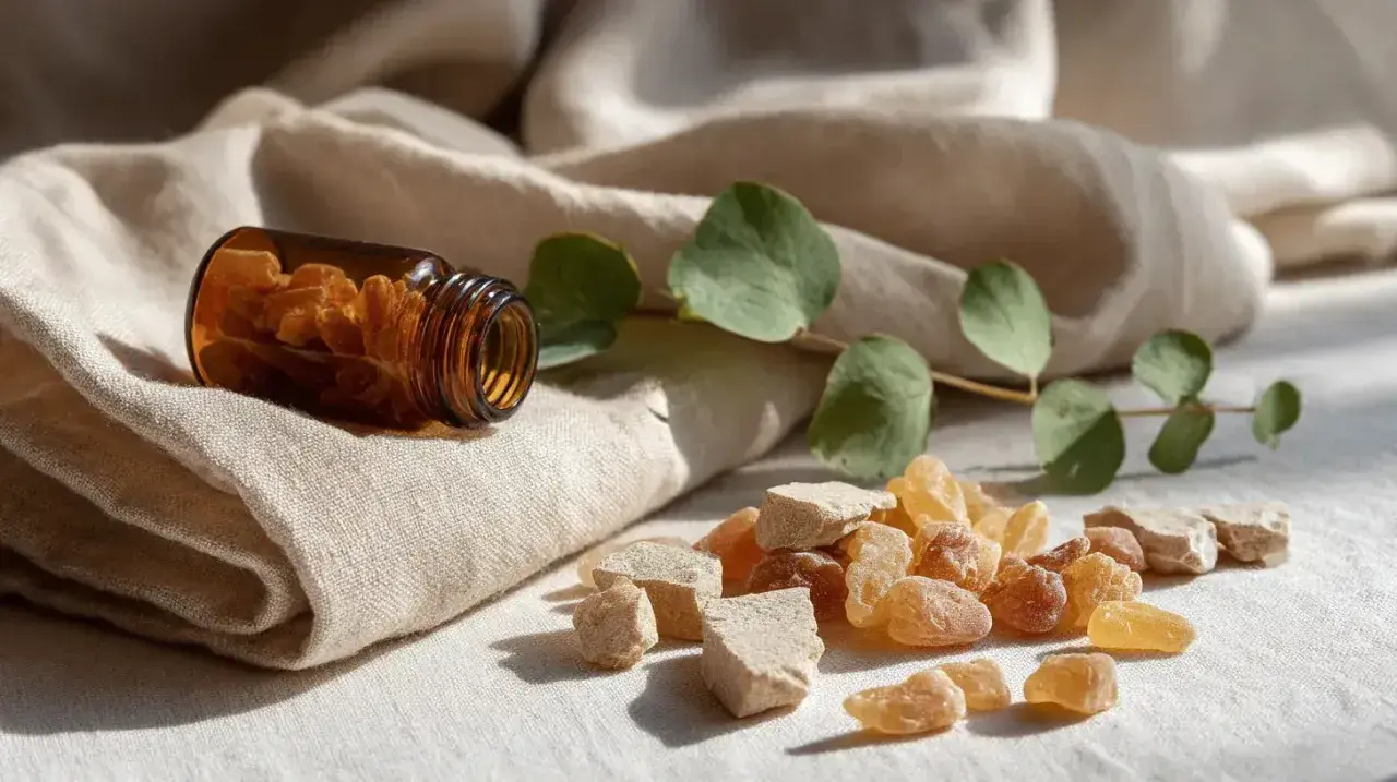 Grains de résine ambrée et morceaux de Boswellia serrata sur un tissu, avec une branche d'eucalyptus. Attention aux contre-indications.