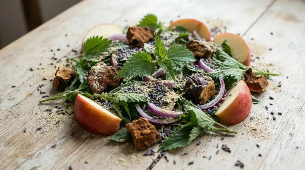 Un mélange de plantes, de morceaux de pommes, d'oignons rouges et de lavande séchée, évoquant un remède naturel contre le type d'allergie saisonnière.