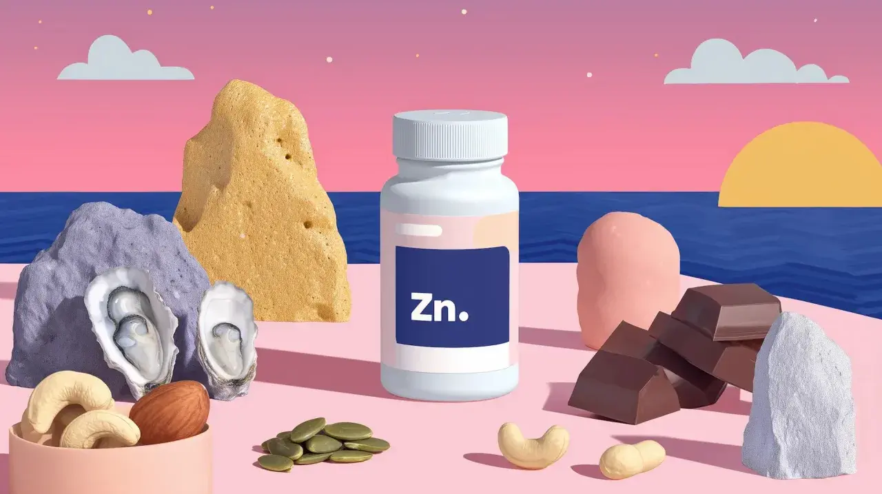Flacon de zinc, huîtres, noix, pépins, chocolat. Attention au pidolate de zinc, danger potentiel.