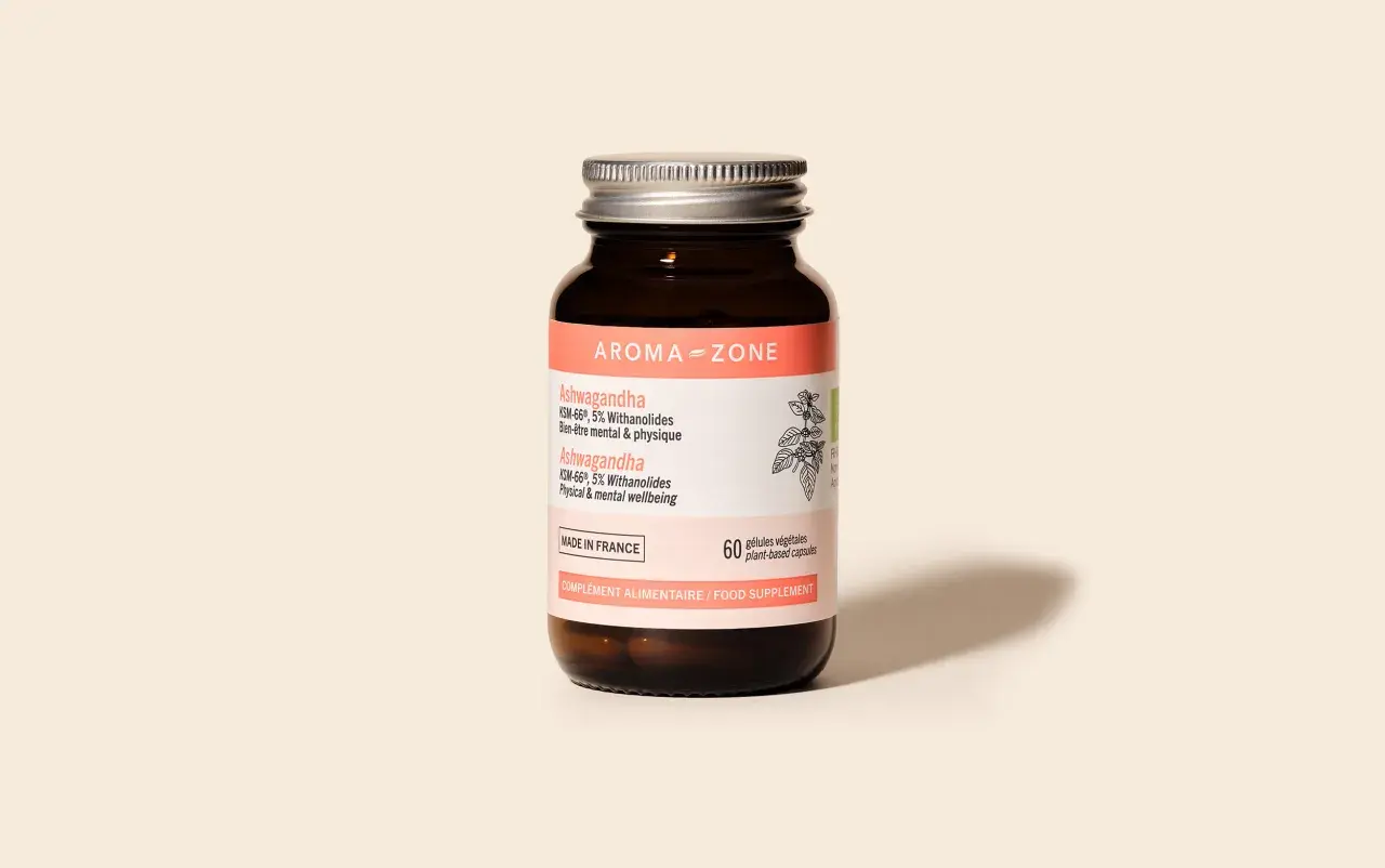 Flacon d'Ashwagandha KSM-66, 5% Withanolides, pour le bien-être mental et physique. Un complément alimentaire naturel, une alternative douce aux antidépresseurs.