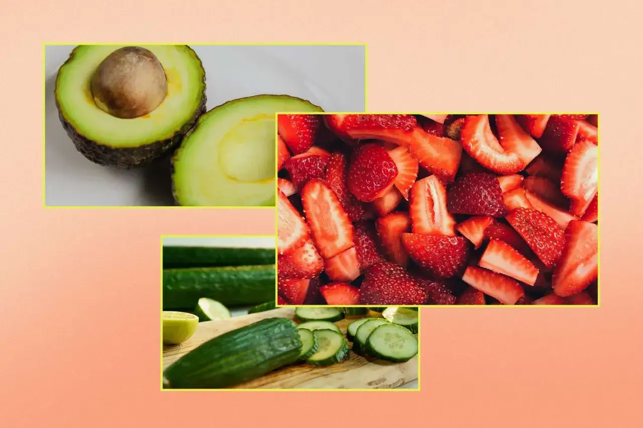 Avocat, fraises et concombres : un trio d'aliment bon pour la peau, plein de vitamines et d'antioxydants pour une peau &eacute;clatante.