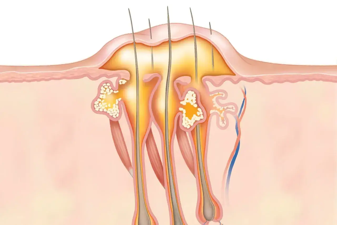 Illustration d'un furoncle fessier, montrant l'inflammation autour des follicules pileux. Des traitements naturels peuvent aider.