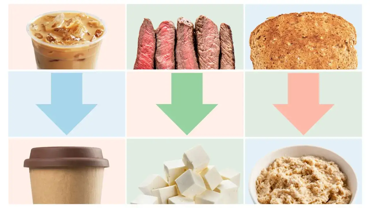 Café glacé, steak, pain complet. En dessous : gobelet, cubes de fromage, porridge. Le café est un aliment qui donne la diarrhée.
