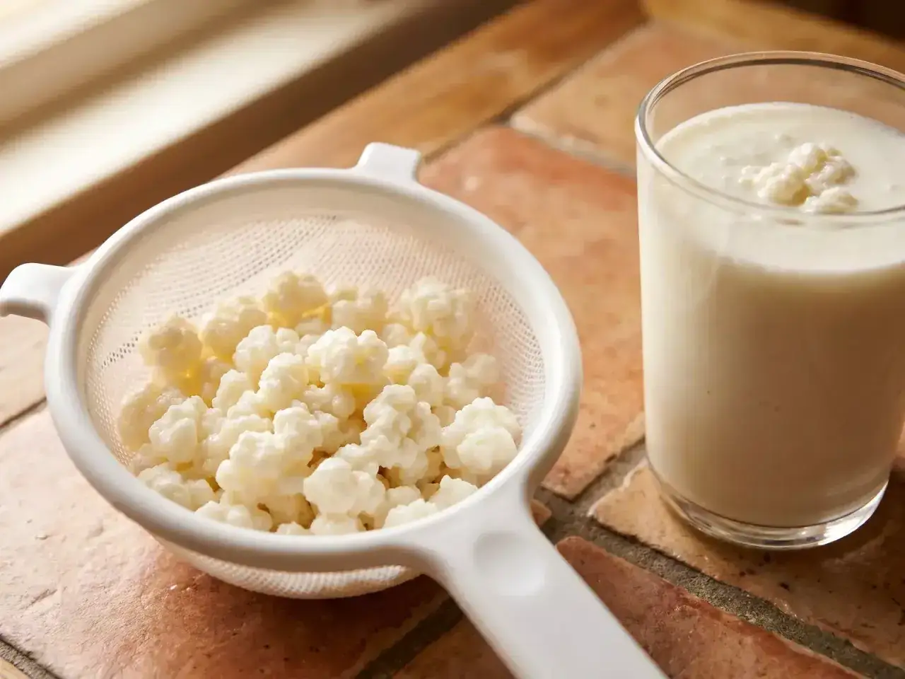 Grains de k&eacute;fir dans une passoire et un verre de k&eacute;fir. Le k&eacute;fir est-il un probiotique ? Oui, il regorge de bonnes bact&eacute;ries.