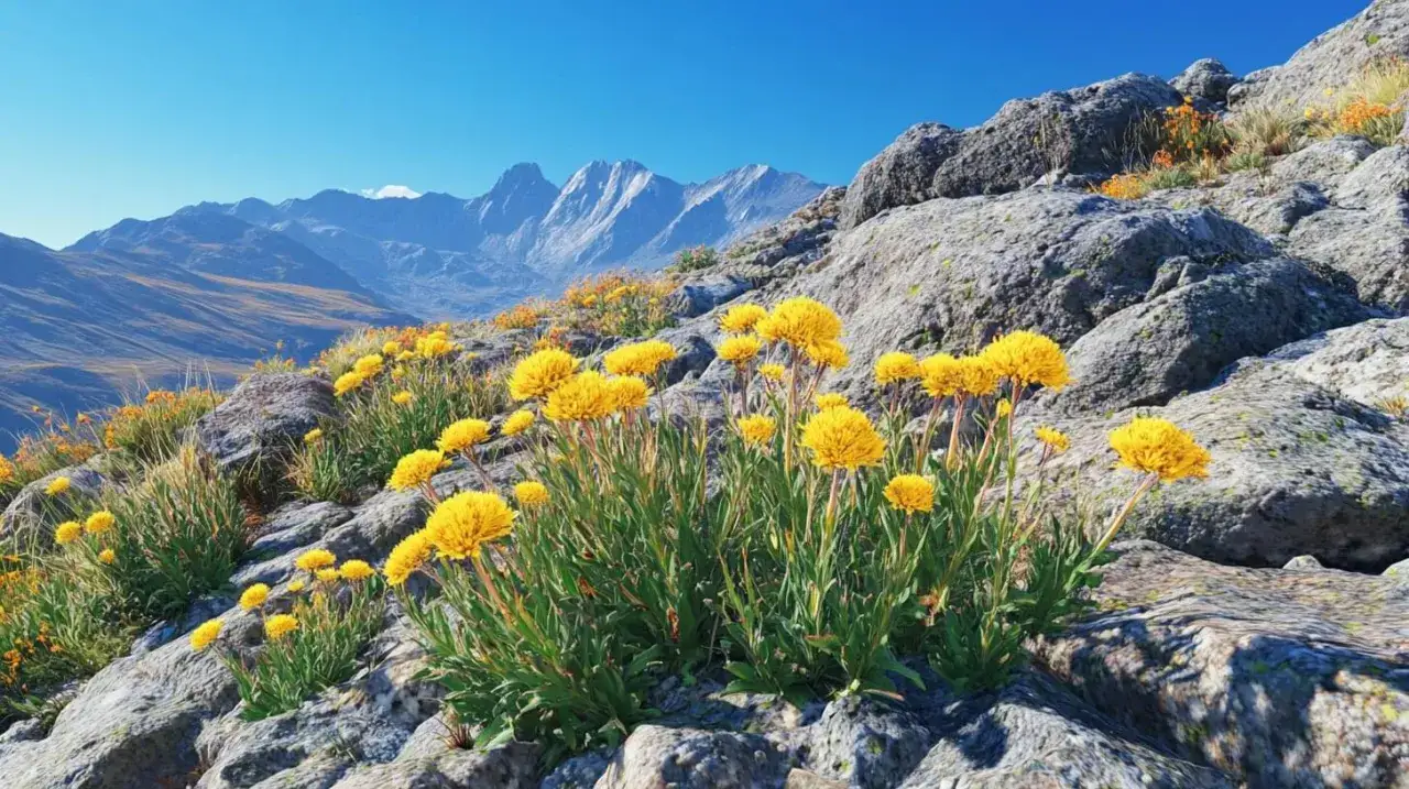 Fleurs jaunes &eacute;clatantes sur un flanc de montagne rocheux, rappelant les bienfaits de la rhodiola pour la vitalit&eacute;.