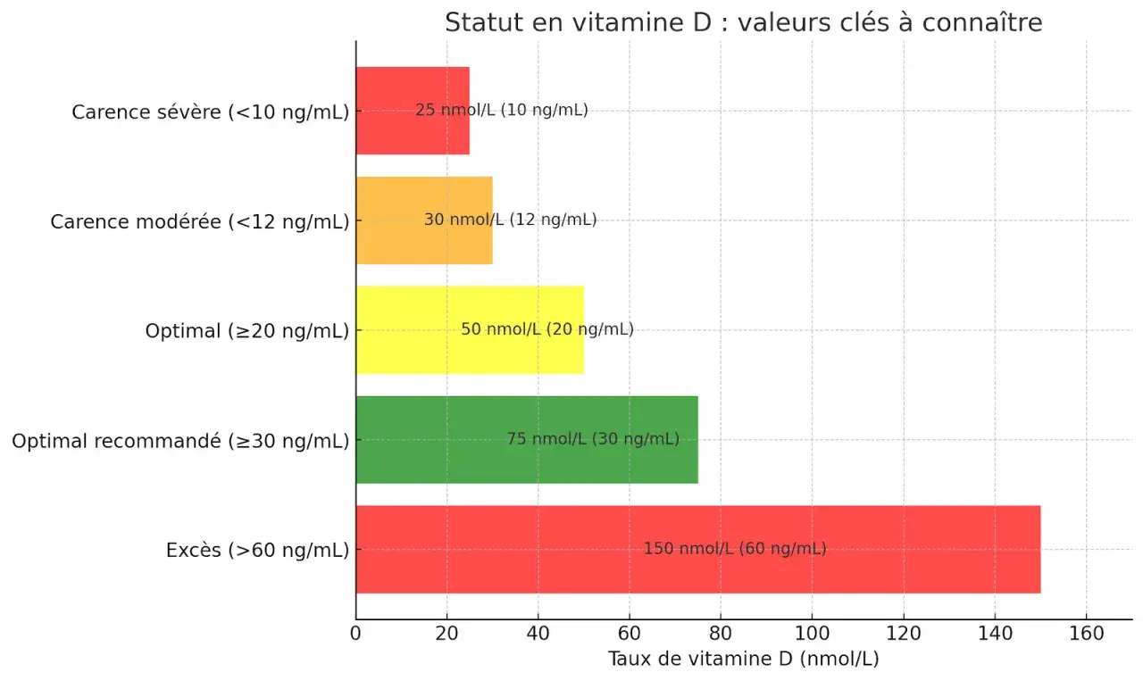 Graphique montrant les niveaux de vitamine D : carence sévère, modérée, optimal, recommandé et excès. Une prise de sang est nécessaire pour connaître son statut.