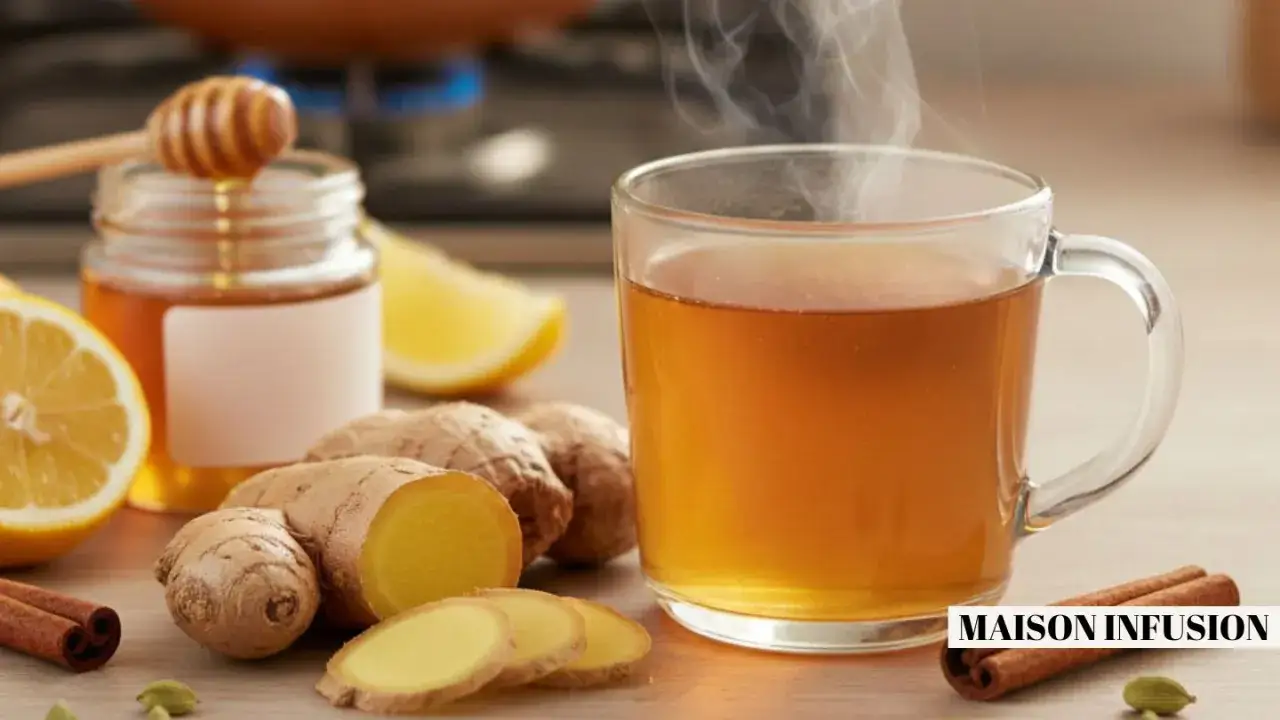 Infusion de gingembre, citron et miel. Attention au danger du gingembre hypertension, &agrave; consommer avec mod&eacute;ration.