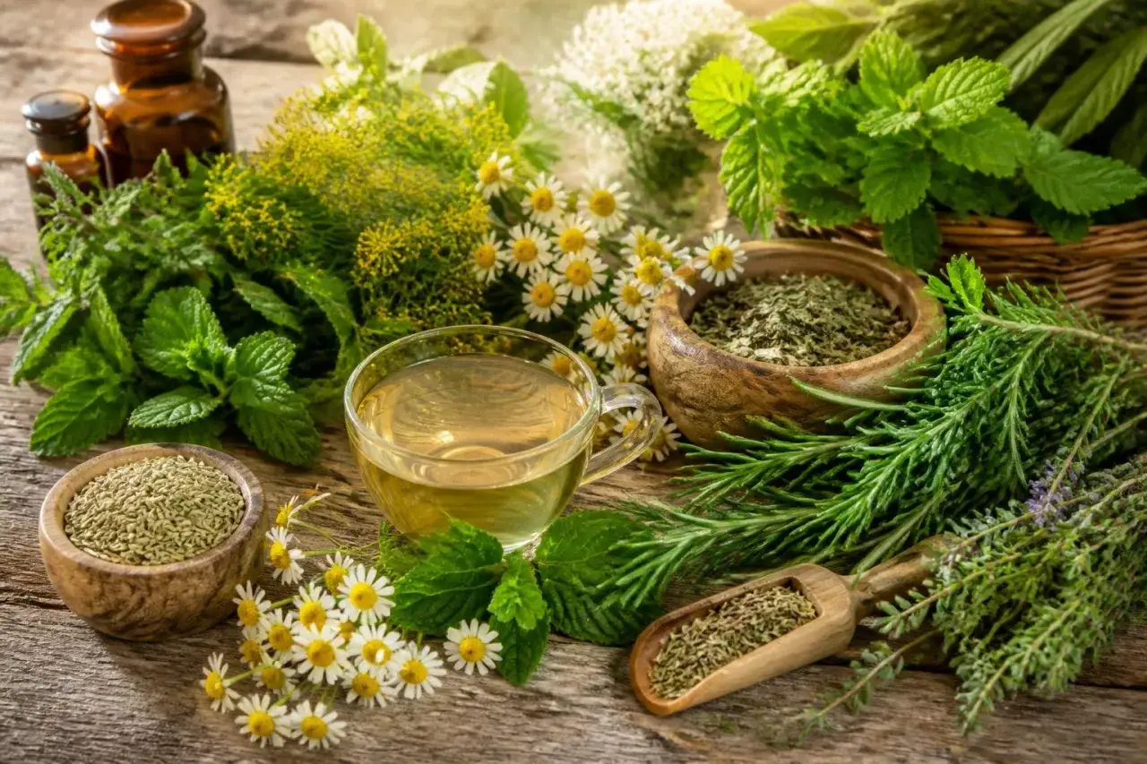 Infusion de camomille, menthe, fenouil et autres herbes. Une liste plante médicinale pour le bien-être.