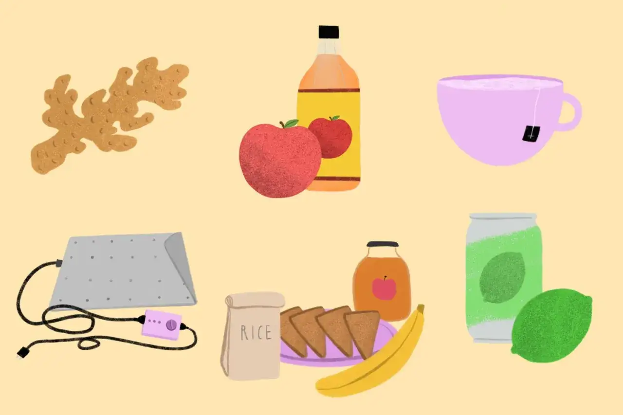 Ingr&eacute;dients pour un rem&egrave;de maison : gingembre, vinaigre de cidre, th&eacute;, riz, banane, boisson gazeuse et citron vert. Attention au transit trop rapide !