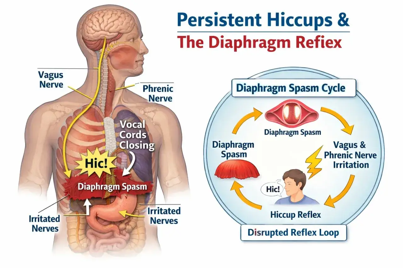 Schéma expliquant le hoquet persistant : irritation des nerfs, spasme du diaphragme, fermeture des cordes vocales. Le cycle du spasme diaphragmatique est perturbé.