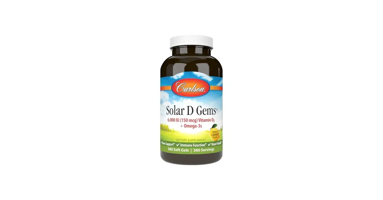 Flacon de Solar D Gems Carlson. Une question courante est : peut-on prendre de la vitamine D tous les jours ? Ce suppl&eacute;ment de 6000 UI avec om&eacute;ga-3s est une option.