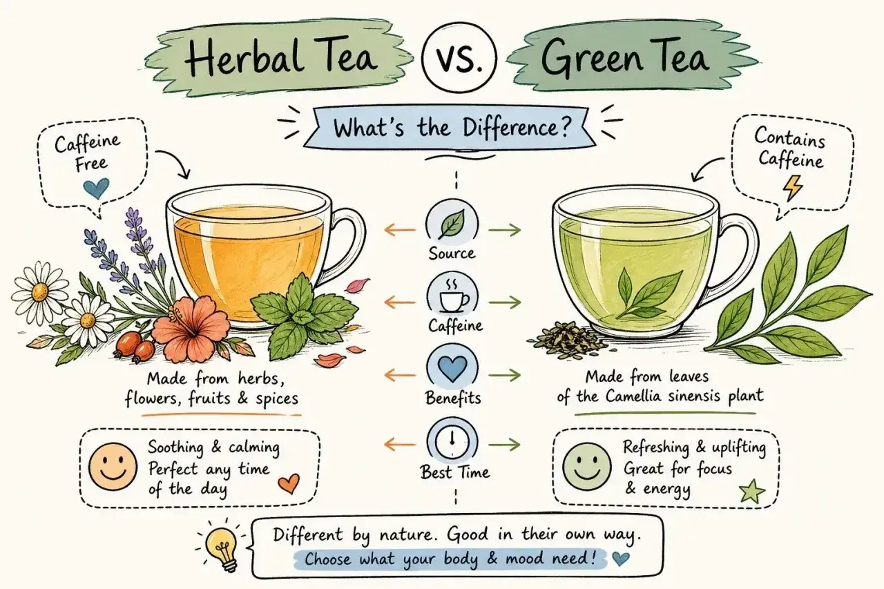 Infographie comparant la différence entre thé et infusion : l'un est sans caféine, l'autre en contient.