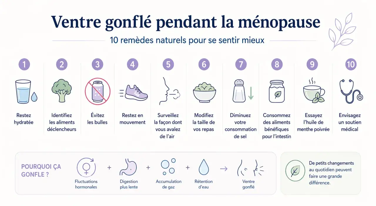 Infographie sur le ventre gonfl&eacute; pendant la m&eacute;nopause, proposant 10 rem&egrave;des naturels dont l'huile de menthe poivr&eacute;e pour soulager les ballonnements.