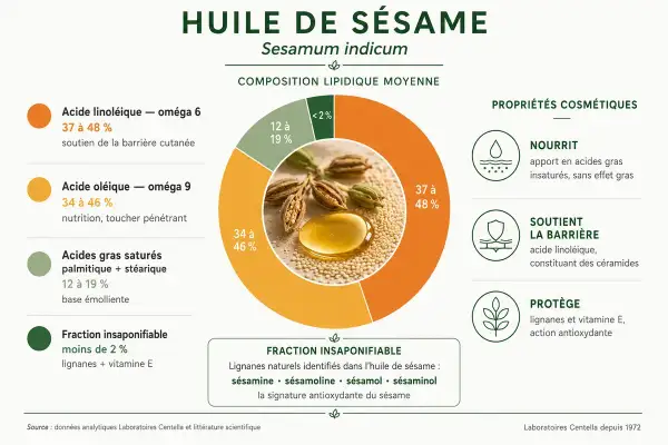 L'huile de sésame, riche en acides gras et antioxydants, nourrit, soutient la barrière cutanée et protège. Ses bienfaits sont multiples.