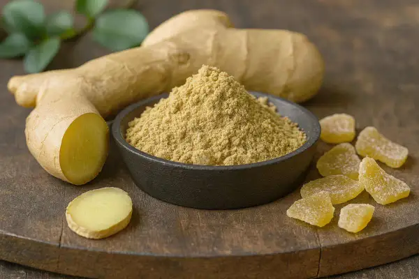 Gingembre frais, en poudre et confit. Attention au danger du gingembre hypertension, à consommer avec modération.