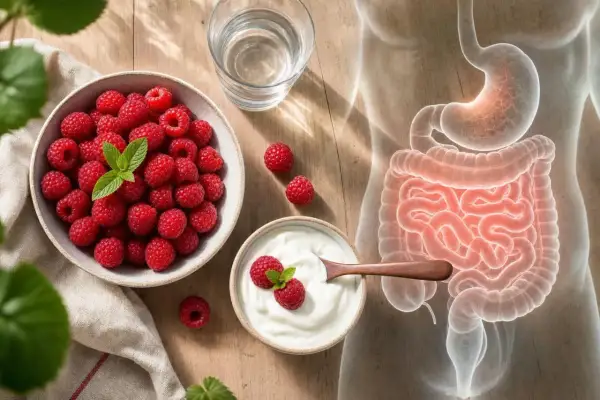 Framboises et yaourt pour une bonne digestion le soir. Le système digestif est représenté en rouge.