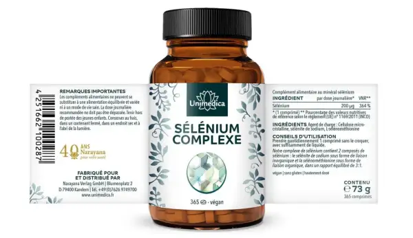 Flacon de sélénium complexe Unimedica. Conseils d'utilisation : prendre 1 comprimé quotidiennement avec du liquide.