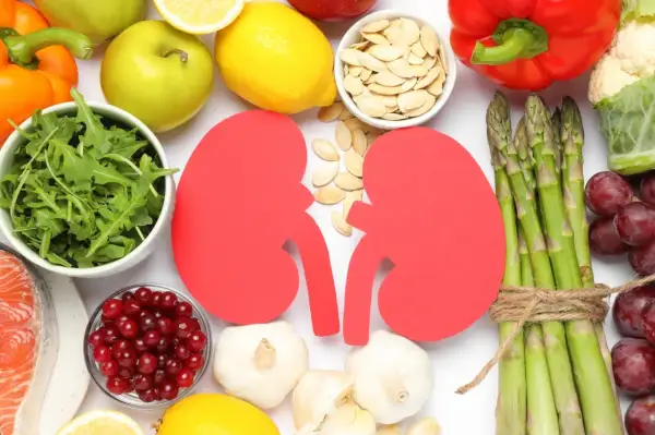 Des aliments sains entourent des reins en papier rouge. La question "le thé est-il mauvais pour les reins ?" est posée.