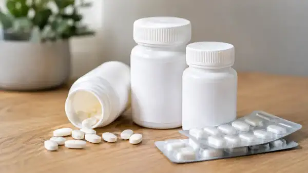 Bouteilles et blisters de pilules blanches sur une table en bois. Le coenzyme Q10 peut aider à gérer l'arthrose.