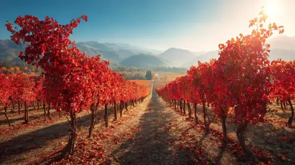 Vigne rouge en automne, un spectacle saisissant. L'effet est immédiat, une explosion de couleurs flamboyantes sous le soleil.