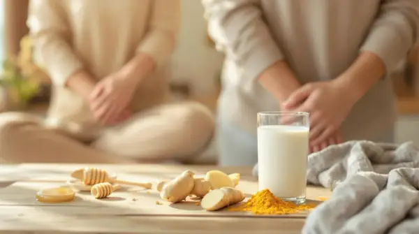 Verre de kéfir, gingembre, curcuma et miel, ingrédients naturels pour soulager l'arthrose.