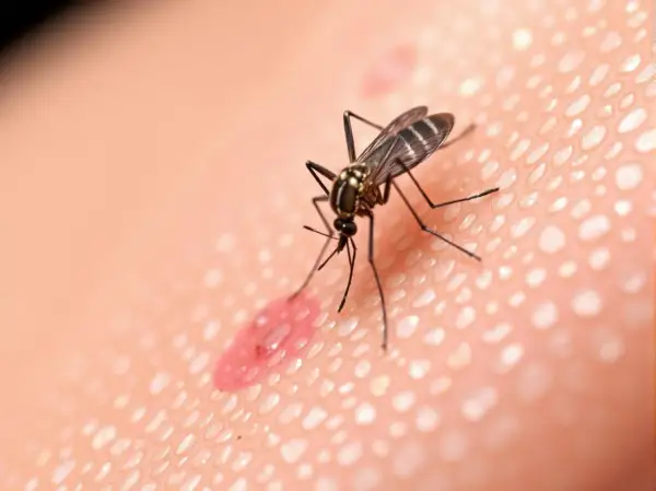 Moustique sur une peau irritée, une piqûre rouge et gonflée. Le vinaigre pourrait soulager cette piqûre de moustique.