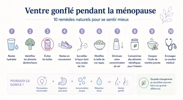 Infographie sur le ventre gonflé pendant la ménopause, proposant 10 remèdes naturels, dont l'huile de menthe poivrée pour soulager le ventre gonflé.
