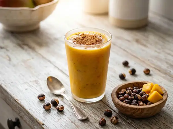Smoothie orangé saupoudré de cannelle, avec des noisettes et des dés de mangue. Un délice pour profiter du guarana bienfait.