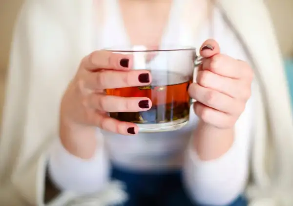 Mains tenant une tasse de thé ambré, se demandant si l'on peut boire des tisanes tous les jours pour un bien-être constant.