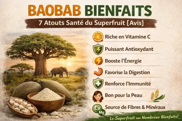 Le baobab, un superfruit aux nombreux bienfaits, est riche en vitamine C, antioxydant, booste l'énergie, favorise la digestion, renforce l'immunité et est bon pour la peau.