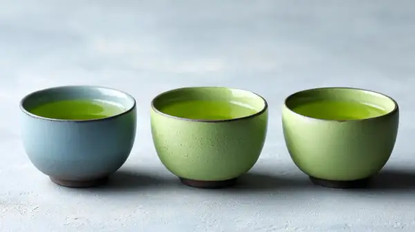 Trois tasses de thé vert vif, une bleue et deux vertes, sur un fond gris. Idéal pour connaître la dose maximale de thé vert par jour.