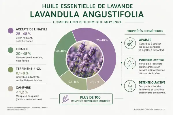 Composition de l'huile essentielle de lavande, ses bienfaits : apaisant, purifiant et détente olfactive. Plus de 100 composés identifiés.