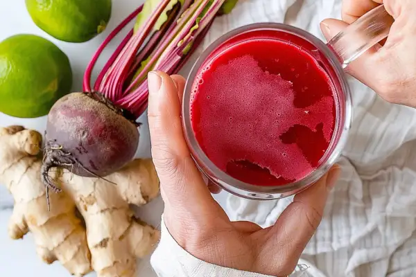 Jus de betterave, gingembre et citron vert, une boisson naturelle pour soutenir les reins.