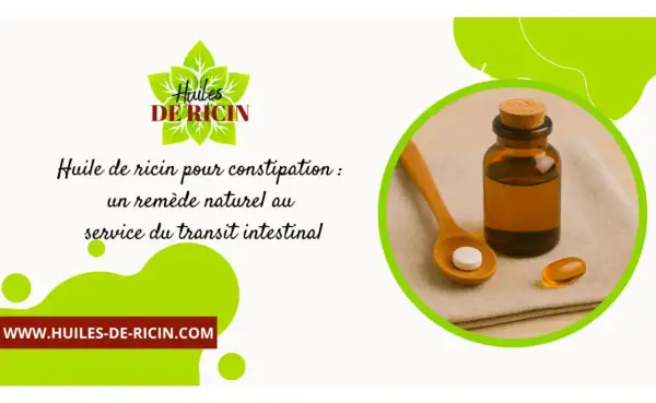 Huile de ricin pour constipation : un remède naturel pour le transit intestinal. Une petite bouteille d'huile et une pilule sur une cuillère.
