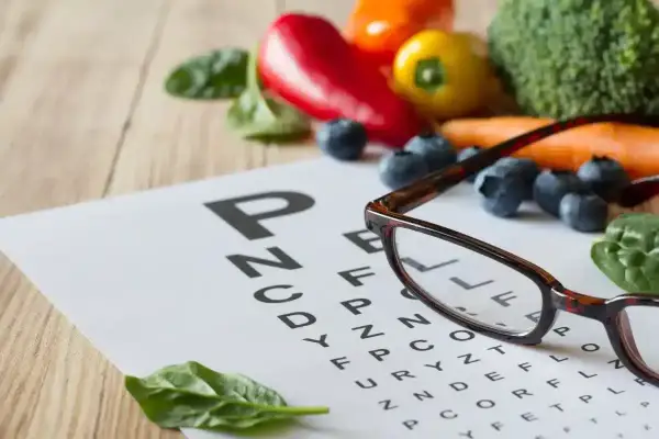 Lunettes sur un tableau d'optométrie entouré de fruits et légumes. La lutéine, présente dans ces aliments, est bénéfique pour la vision.